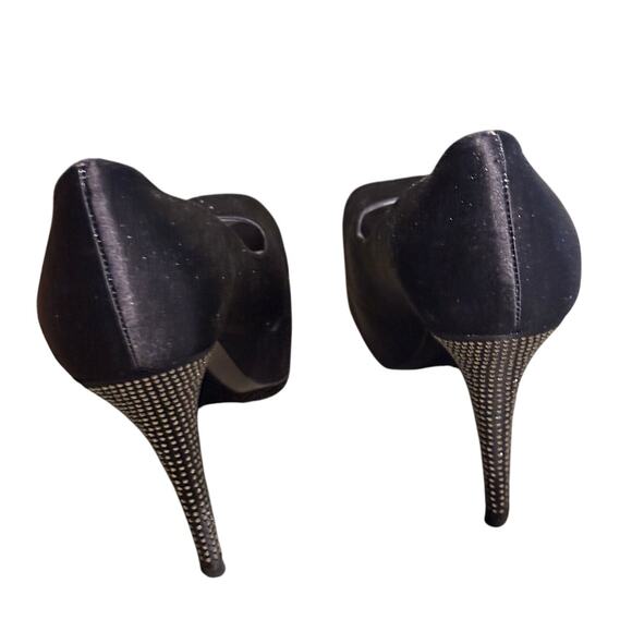 Stuart Weitzman Black Satin Peep Toe Heels with Crystal Stiletto | Size 9.5M - Picture 3 of 5